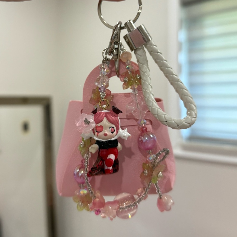 Pink and white skullpanda keychain bag accessories